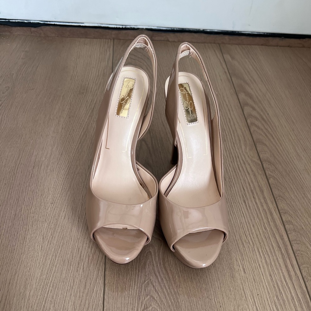 Patent Peep-Toe Platform Slingback Heels in Nude - Picture 2 of 6